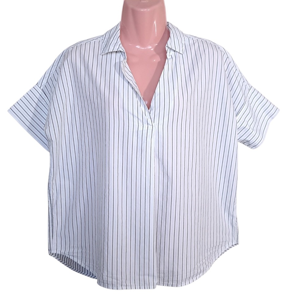 Madewell Women's Blouse Collared XS‎ White/Black Striped Short Sleeves Cotton